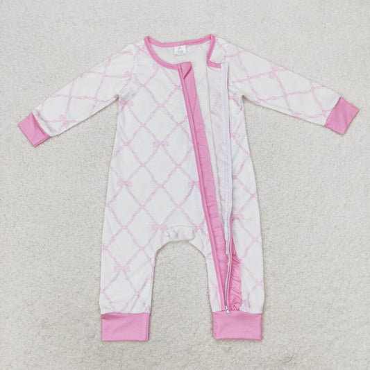 LR0921 Bows Plaid Pink White Zippy Long Sleeve Bamboo Romper RTS Free Shipping Over $100