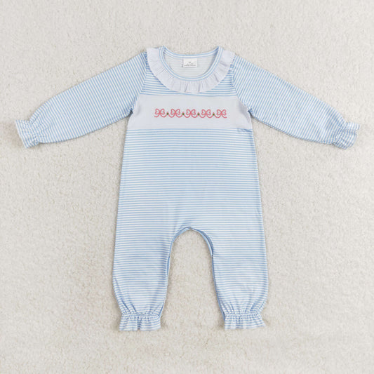 LR0941 Embroidered Bows Blue Stripe Long Sleeve Romper RTS Free Shipping Over 2KG