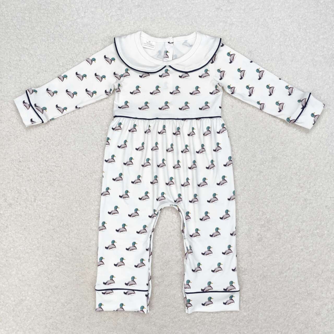 LR0943 Duck doll collar white long-sleeved baby rompers boys RTS Free SHIPPING Over $100
