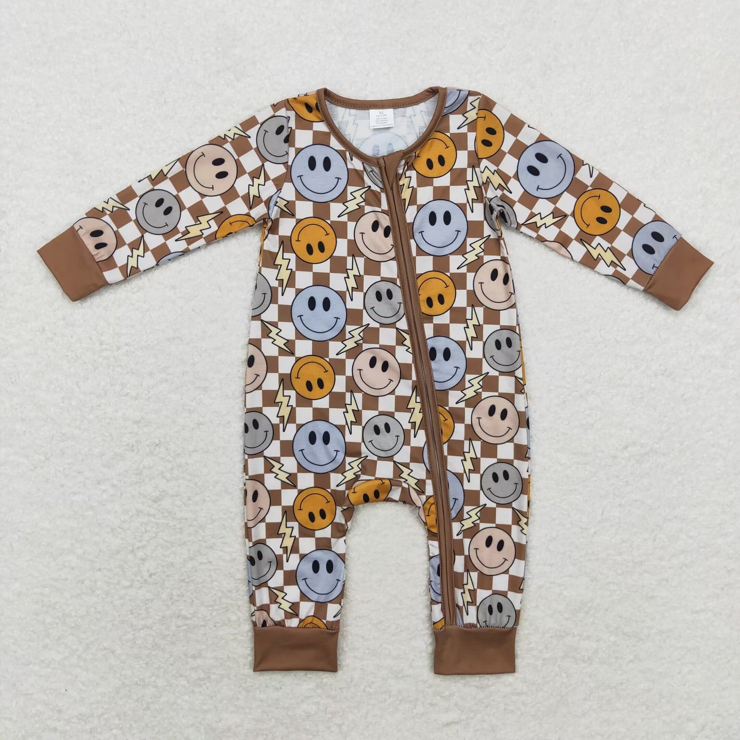 LR0961 Modal Smiley Lightning brown plaid zipper long-sleeved onesie