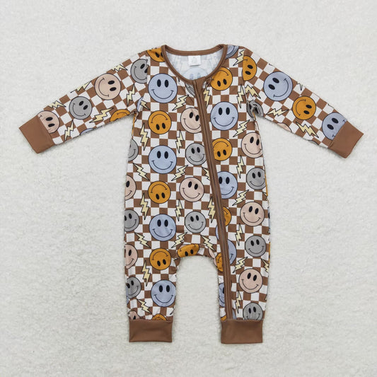 LR0961 Modal Smiley Lightning brown plaid zipper long-sleeved onesie