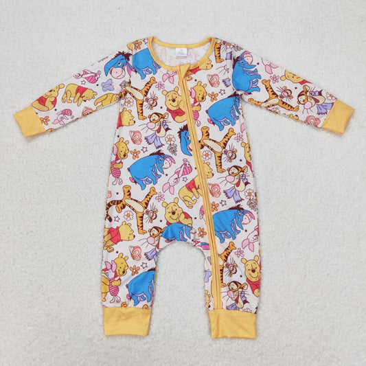 LR0971 Modert, cartoon bear, Winnie the Pooh, Orange Zipper, long sleeve jumpsuit