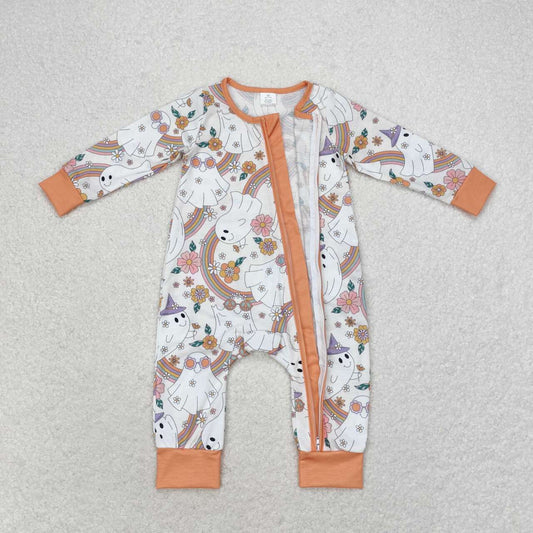 LR0980 Modal Rainbow Ghost Flowers Orange Zipper Long sleeve romper High quality fashion baby romper