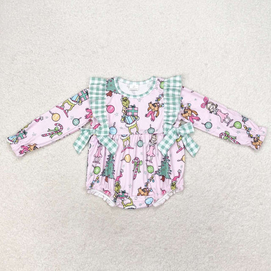 LR0998 grinch Christmas gift Green plaid Lace bow pink long-sleeved onesie