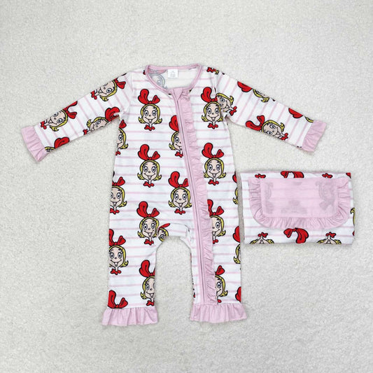 LR1001 grinch Modal girls pink striped lace zipper long-sleeved onesie