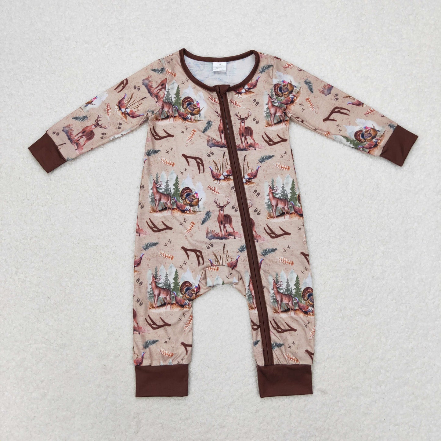 LR1014 Modert, antler turkey, brown zipper, long sleeve onesie RTS US Free Shipping Over $100