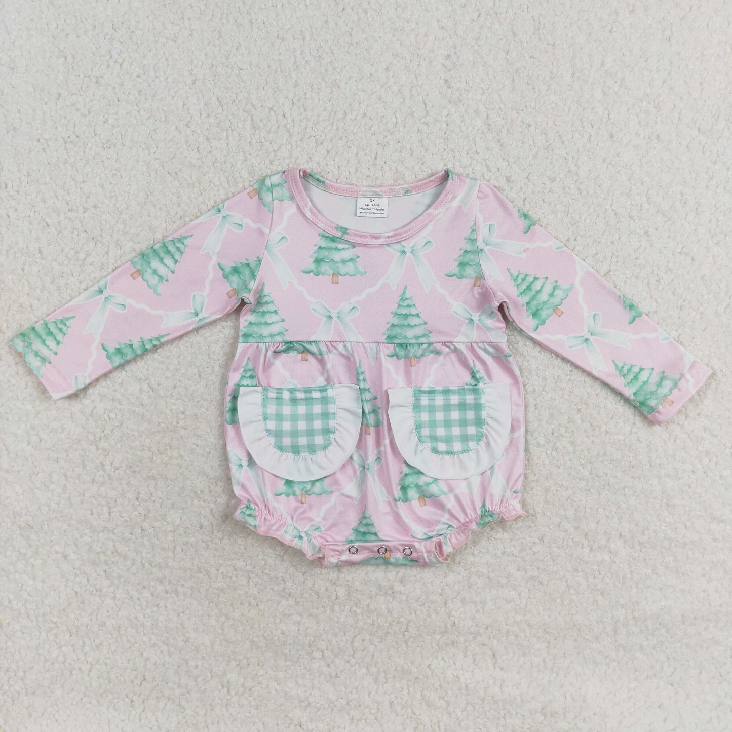 LR1018 RTS Christmas Tree Bow Green plaid pocket lace Pink long-sleeved onesie