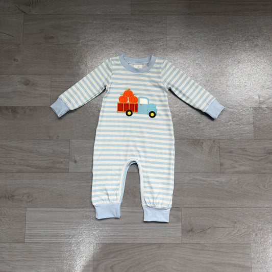 NO MOQ preorder LR1023 Embroidered Pumpkin Blue Stripe Long-Sleeved Boys Romper 202607