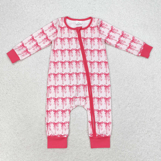 LR1035 Bow pattern pink and white zipper long sleeve romper High quality rompers baby boy