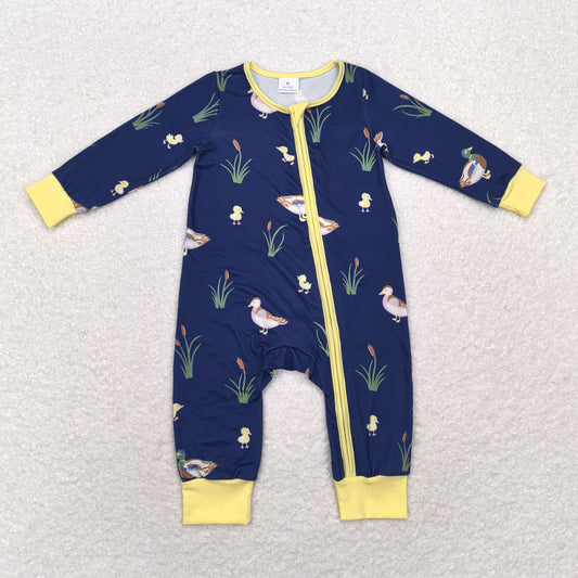 LR1037 Duck yellow with navy blue zipper long-sleeved onesie