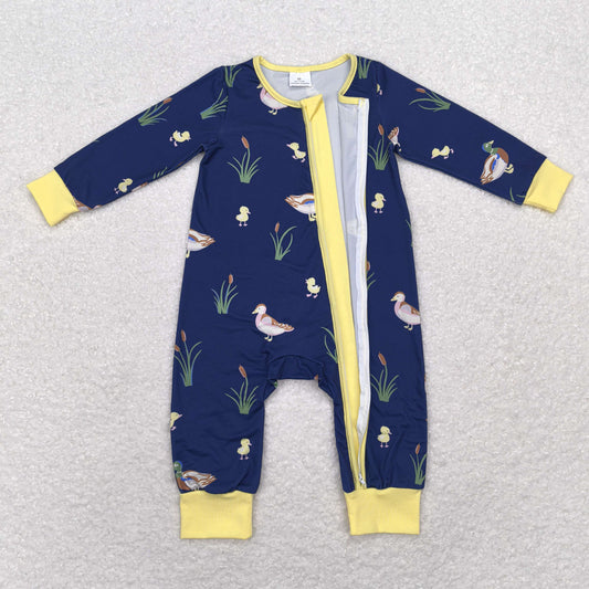 LR1037 Duck yellow with navy blue zipper long-sleeved onesie