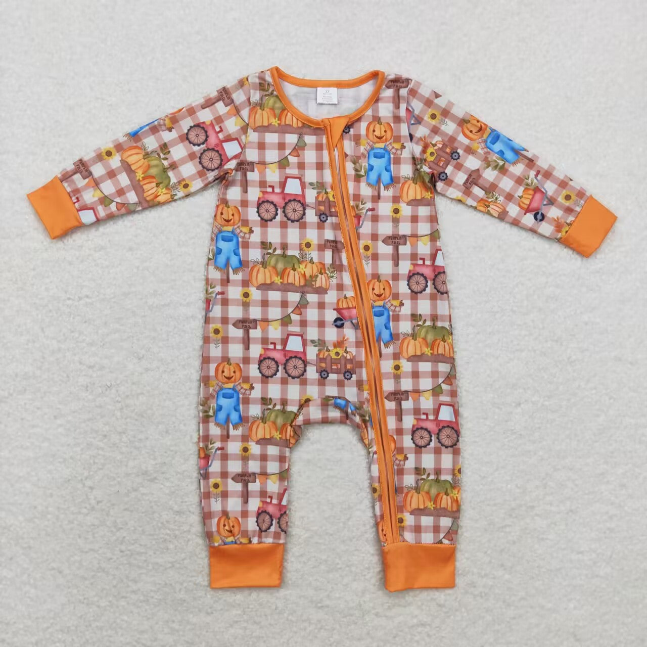 LR1046 Modal pumpkin Scarecrow checkered zipper long-sleeved onesie