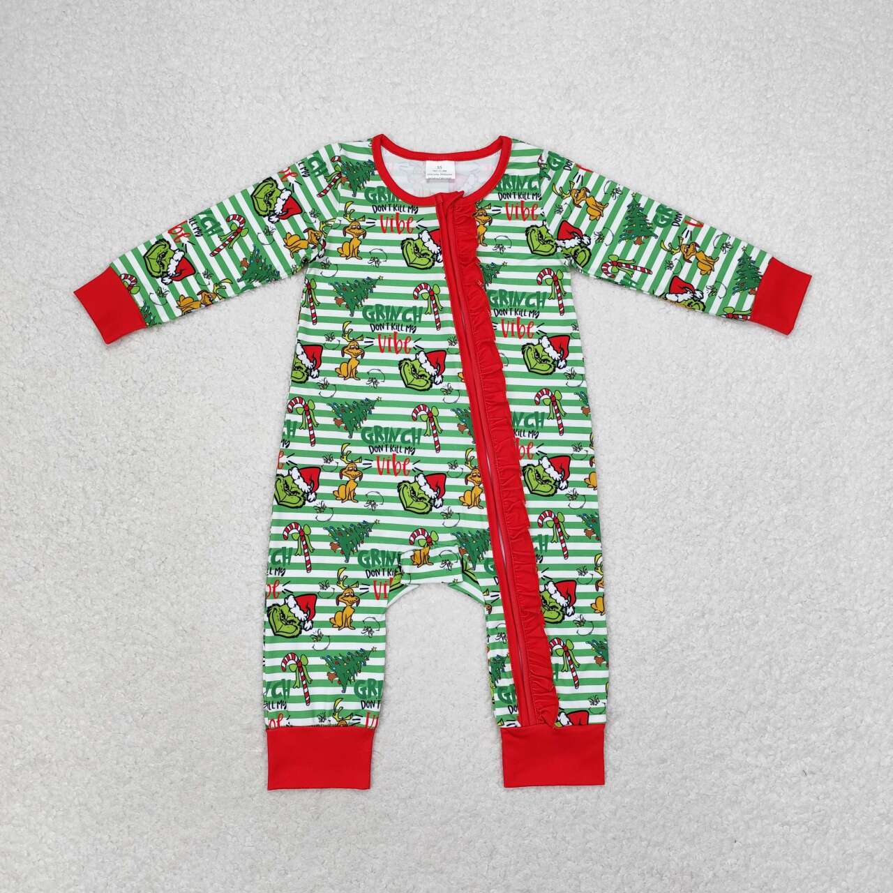 LR1054 grinch Puppy Christmas Tree Green stripes Red lace zipper long-sleeved onesie