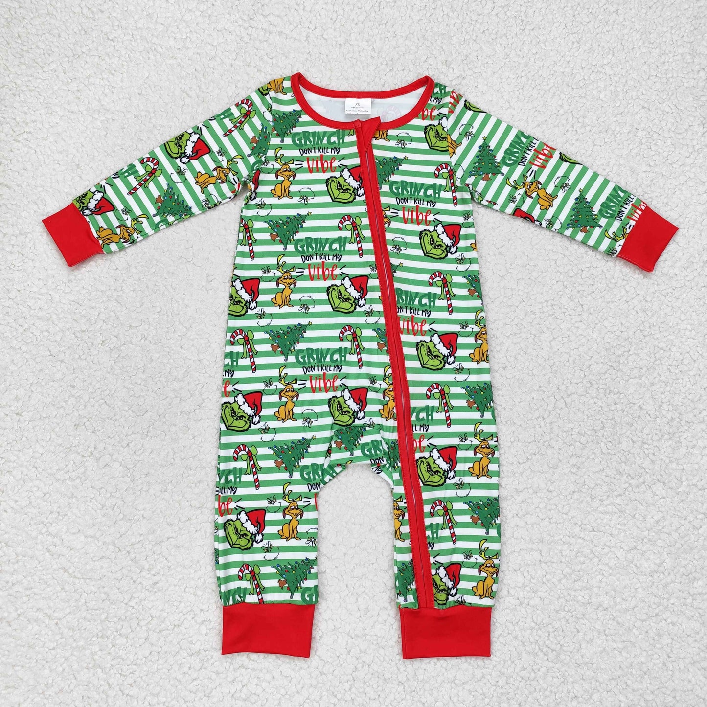 LR1055 grinch Puppy Christmas Tree green striped zipper long-sleeved onesie