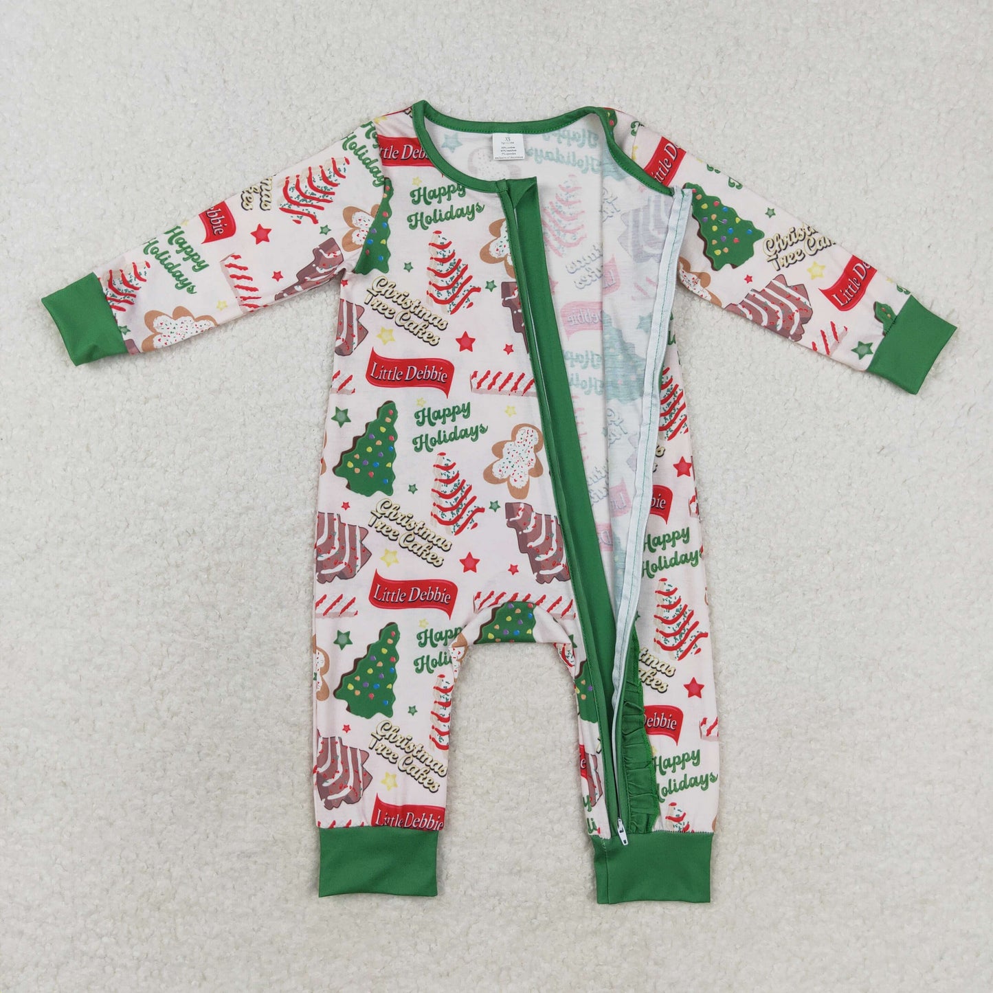 LR1056 happy holidays Modal Christmas Tree cookies Green lace zipper long-sleeved onesie