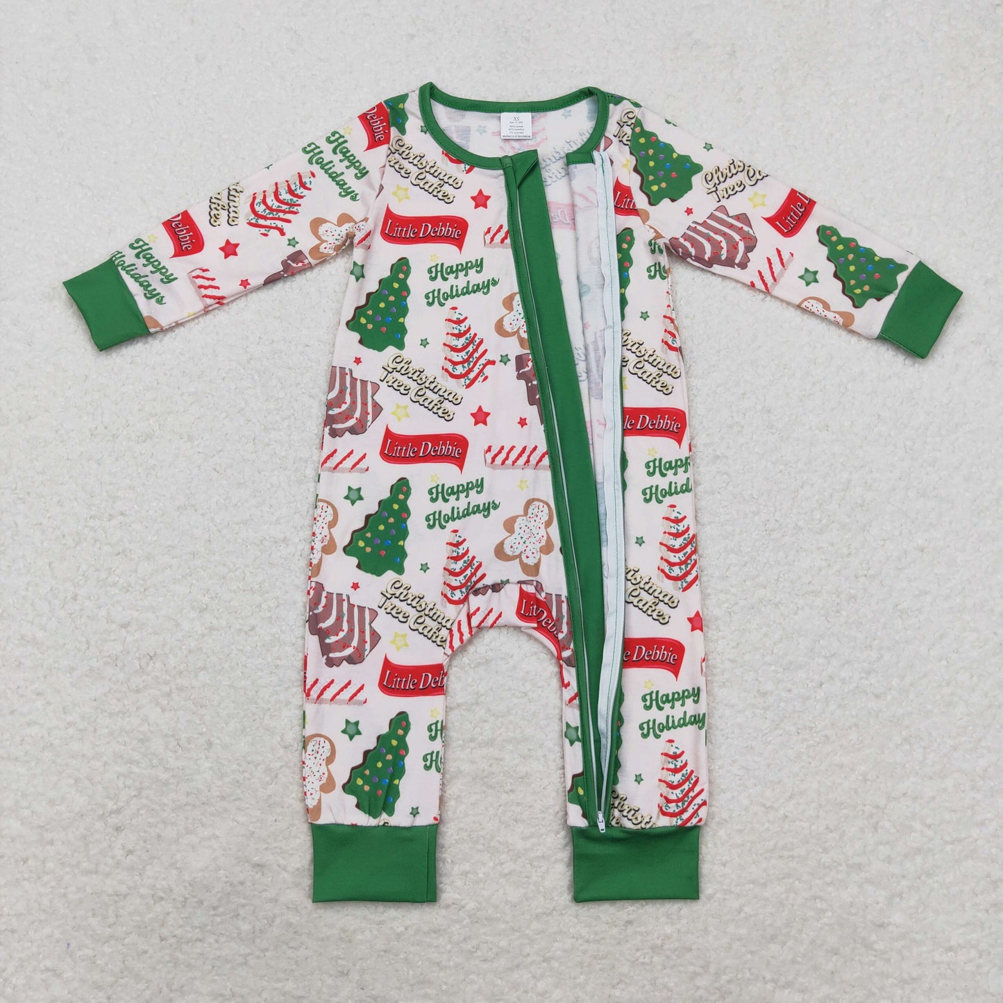 LR1057 happy holidays Modal Christmas Tree cookie zip-up long sleeve onesie