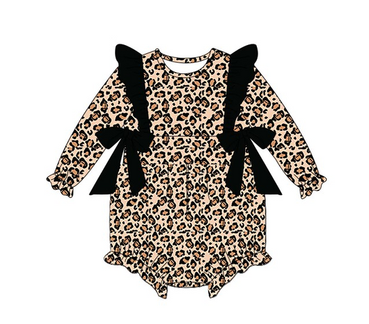 Preorder LR1071 Leopard print black bow long sleeve romper