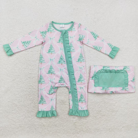 LR1073 Modal Christmas Tree bow Green lace pink zipper long-sleeved onesie