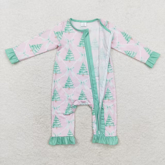 LR1073 Modal Christmas Tree bow Green lace pink zipper long-sleeved onesie