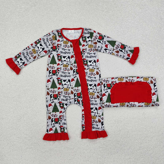 LR1074 Christmas Tree Cow Red Ruffle Zipper Long Sleeve Girls Romper RTS 202510