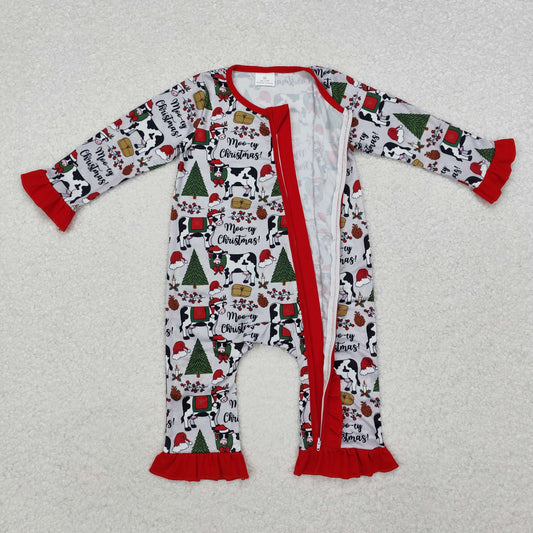 LR1074 Christmas Tree Cow Red Ruffle Zipper Long Sleeve Girls Romper RTS 202510