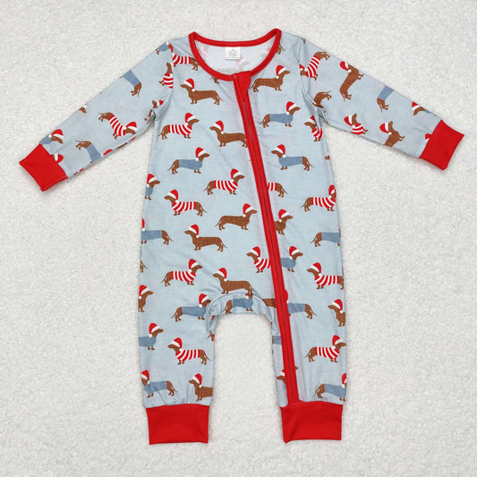 LR1082 Modal Christmas hat Puppy blue zipper long sleeve onesie High quality