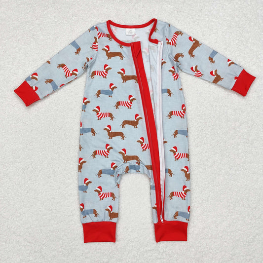 LR1082 Modal Christmas hat Puppy blue zipper long sleeve onesie High quality