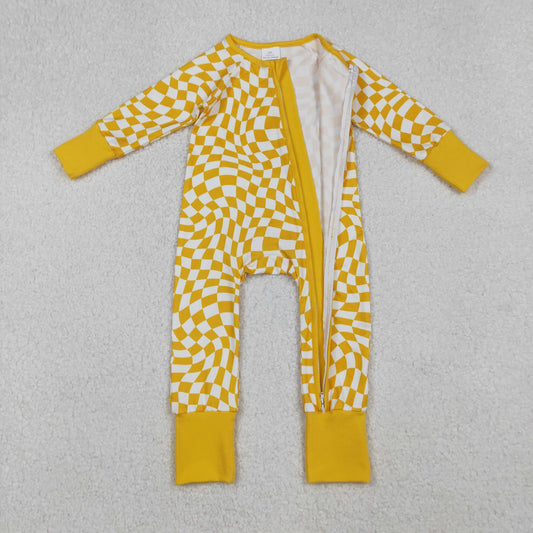 LR1089  Yellow Plaid Zipper Long-Sleeved Boys Romper 202510