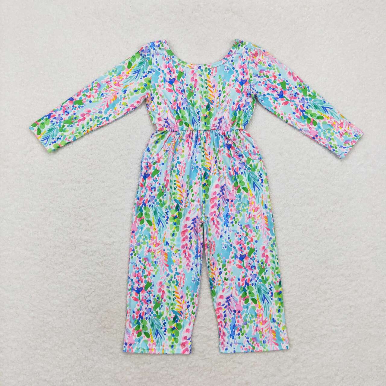 LR1141 Long sleeve jumpsuit with purple-green vine man flower pocket