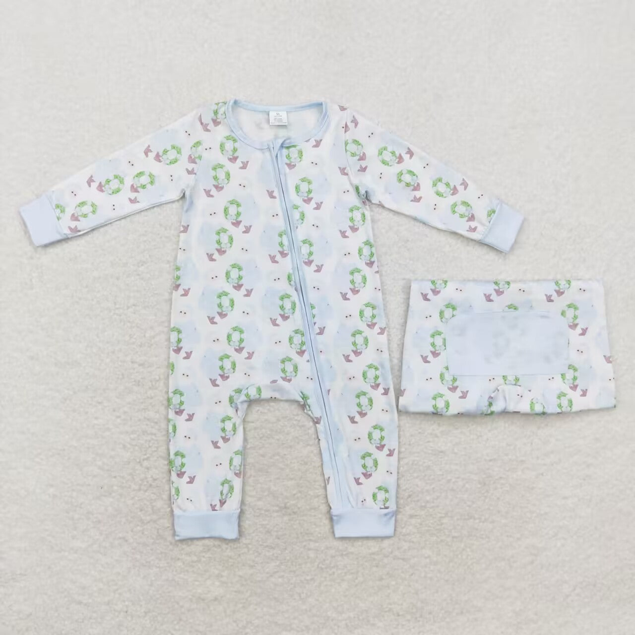 LR1148 Modal Blue Santa wreath zipper long sleeve onesie