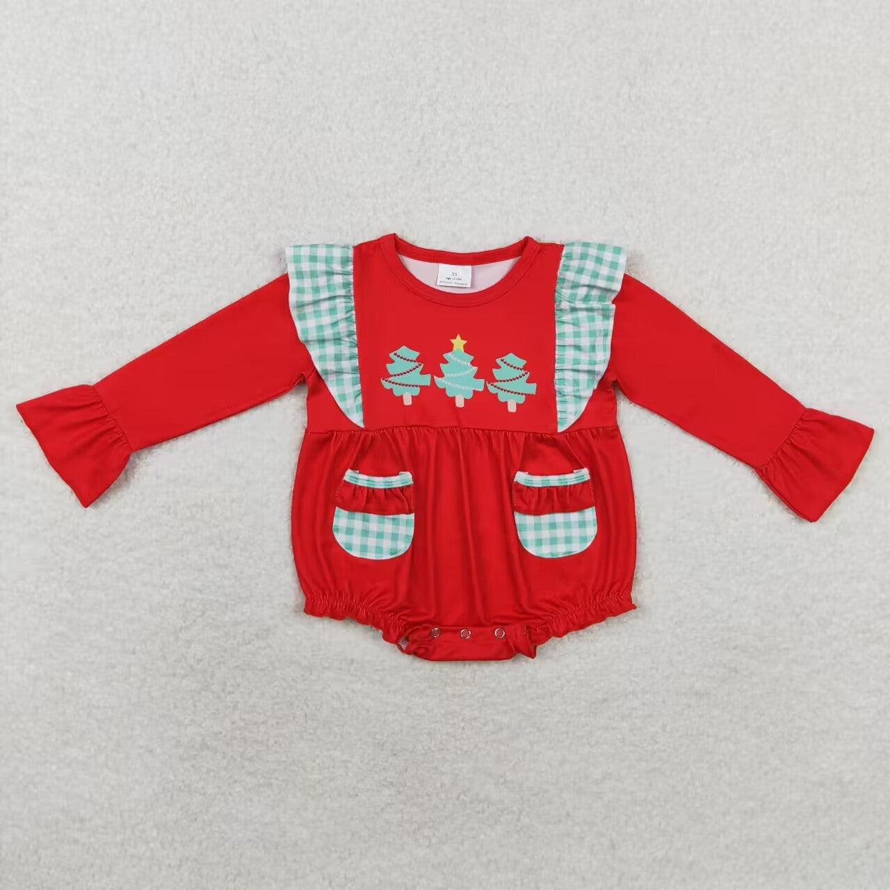 LR1161 RTS Christmas Tree Green plaid lace pockets Red long-sleeved onesie