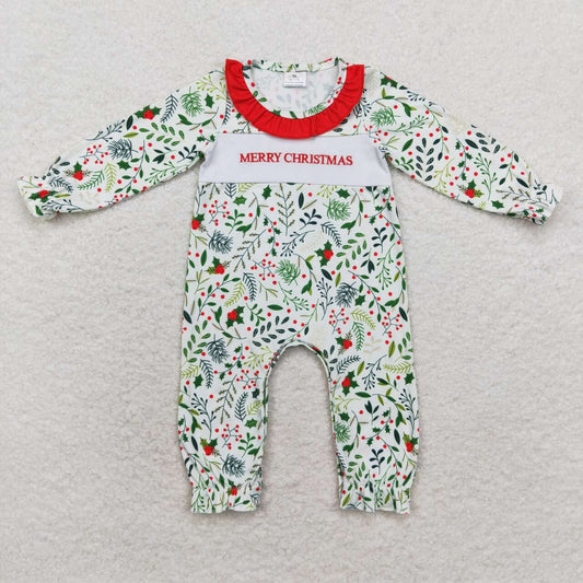 LR1176 RTS merry christmas embroidered leaves Red lace long sleeve onesie