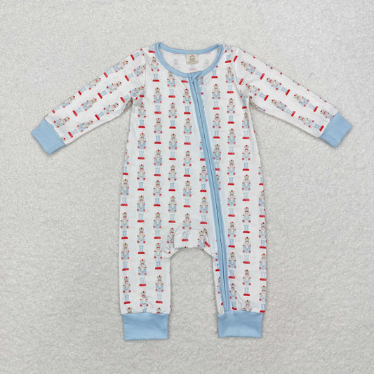 LR1184 Modal Christmas cartoon Nutcracker blue and white zip-up long-sleeved onesie