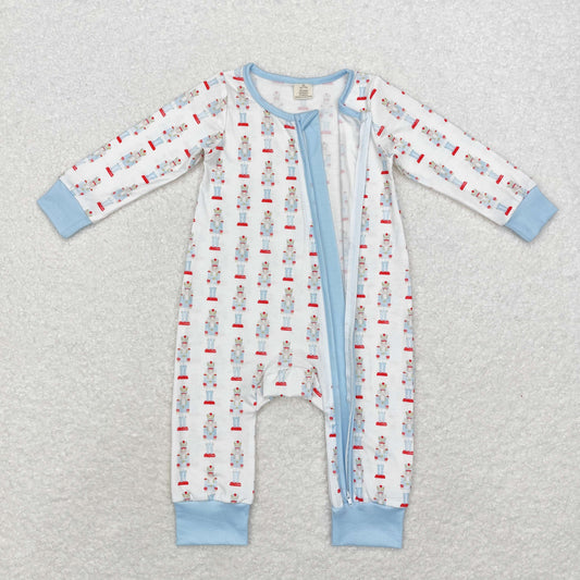 LR1184 Modal Christmas cartoon Nutcracker blue and white zip-up long-sleeved onesie