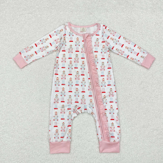 LR1185 Modal Christmas cartoon Nutcracker powder and white zip-up long-sleeved onesie