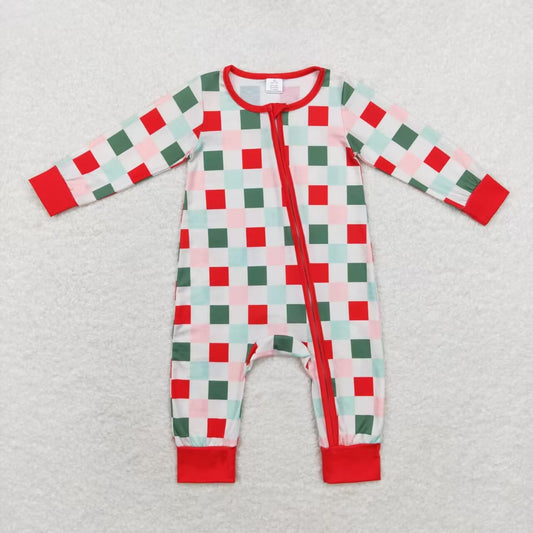 LR1197 RTS Modal Christmas colorful plaid zipper long sleeve onesie