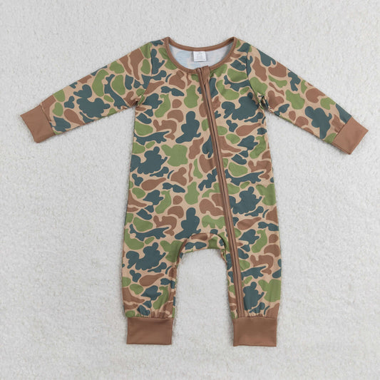 LR1203 Boys  Brown Green Camo Zippy Long Sleeve Bamboo Romper RTS Free Shipping Over $100