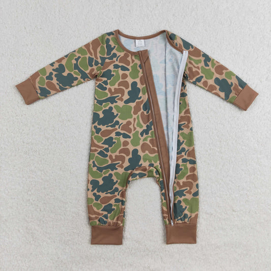 LR1203 Boys  Brown Green Camo Zippy Long Sleeve Bamboo Romper RTS Free Shipping Over $100