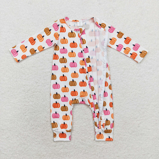 LR1219 Modal Girls colorful pumpkin zipper long sleeve onesie