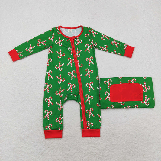 LR1237 Christmas Santa Cane Red Border Zipper Green Long-Sleeved Boys Onesie