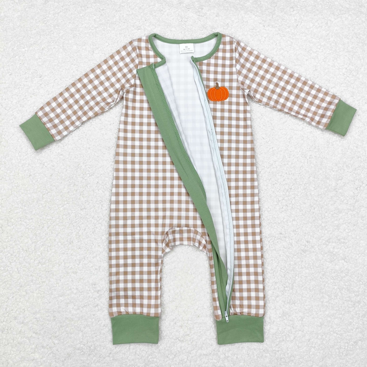 LR1254 Embroidered pumpkin khaki checkered zipper long-sleeved jumpsuit