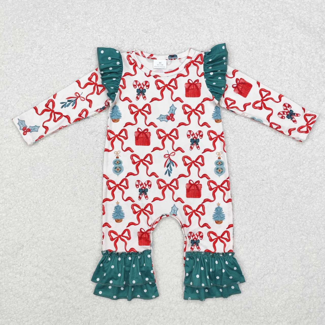 LR1285 Christmas bow crutch pattern polka dot Green lace long sleeve onesie high quality