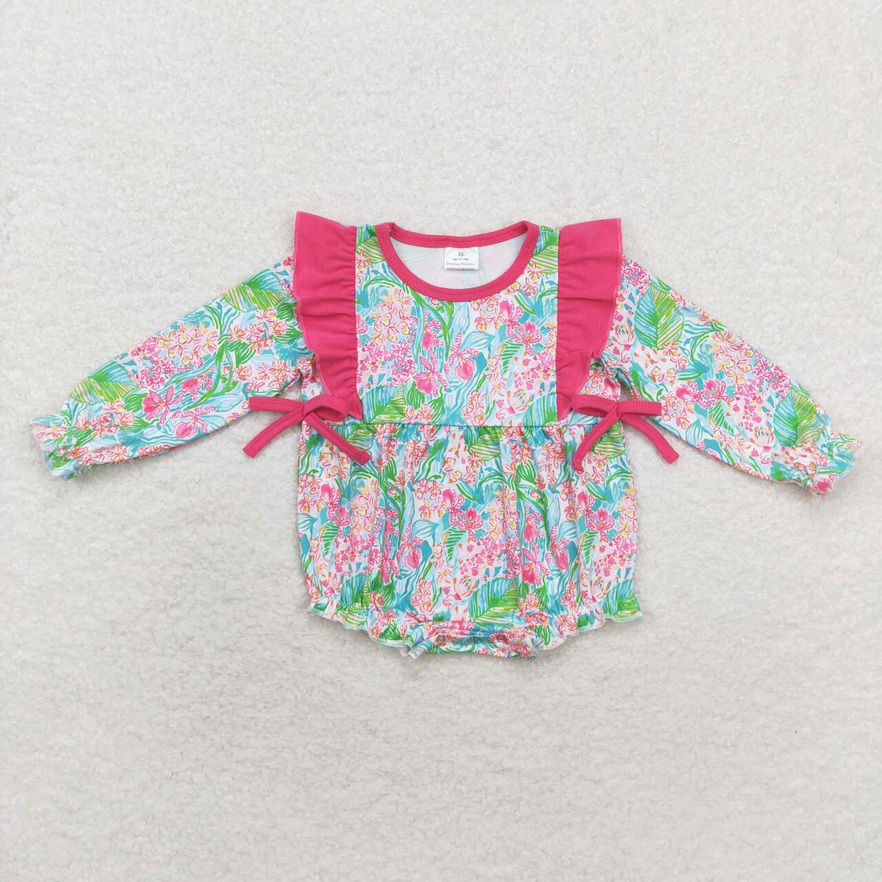 LR1295 Flower leaves red lace bow long sleeve onesie