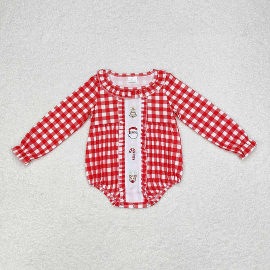 LR1302 Embroidered Christmas tree old man crutch deer red plaid lace long-sleeved onesie