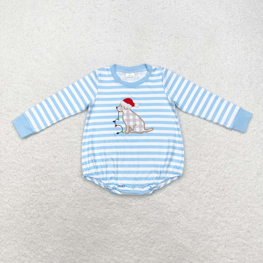 LR1307 Embroidered Santa hat puppy lights striped blue and white long-sleeved onesie
