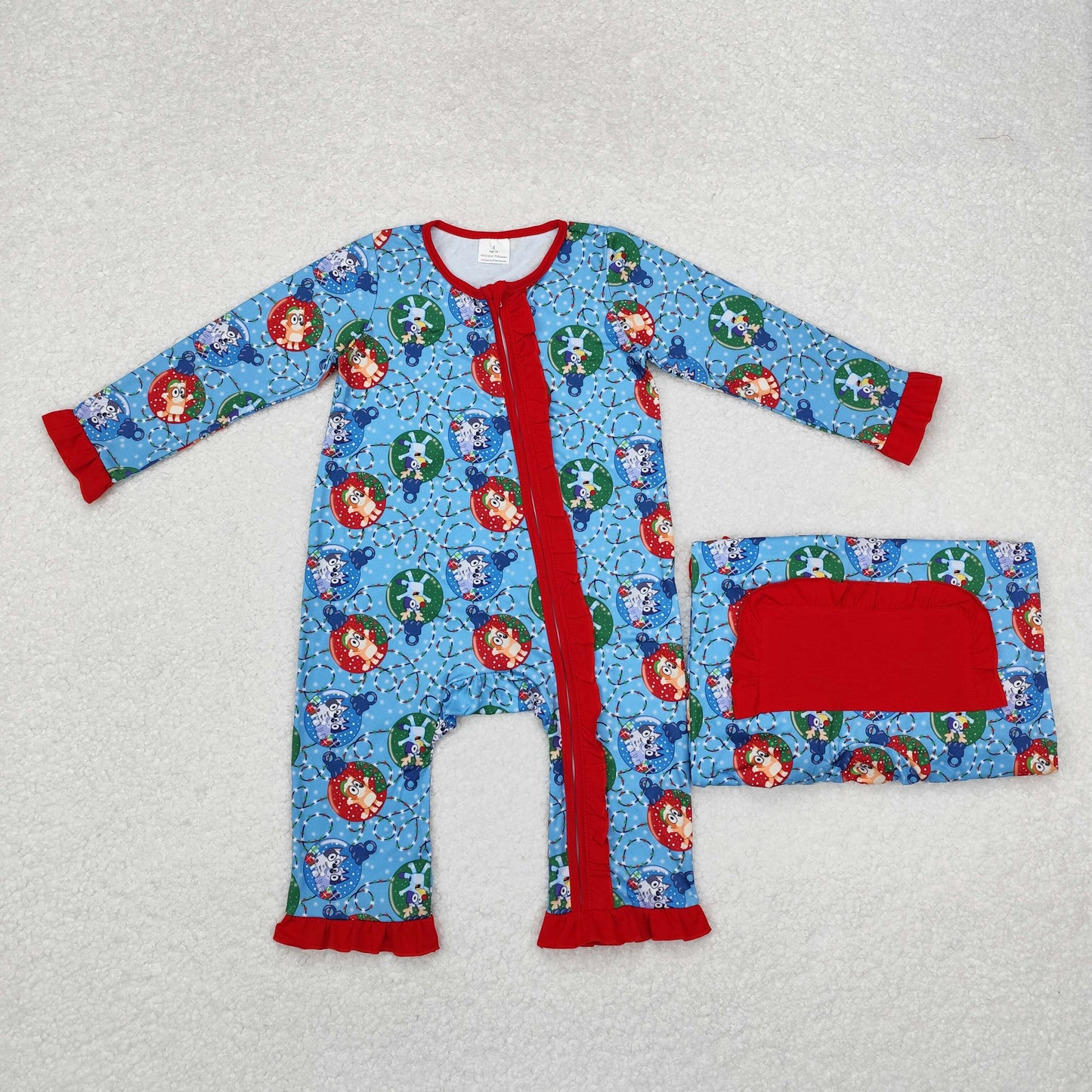 LR1314 bluey Christmas lights lace red blue zip-up long sleeve onesie