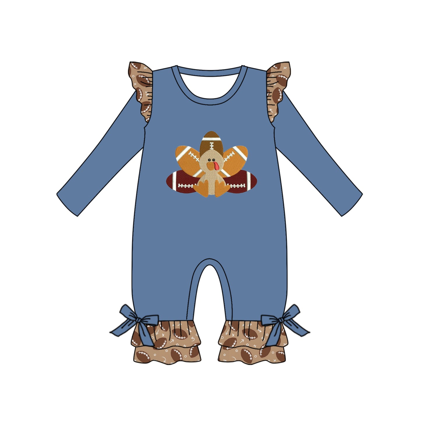 Preorder LR1328 NO MOQ Football Turkey Brown lace blue long-sleeved onesie