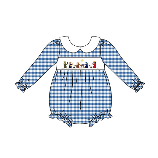 Preorder LR1331 NO MOQ Jesus doll collar blue plaid long-sleeved onesie