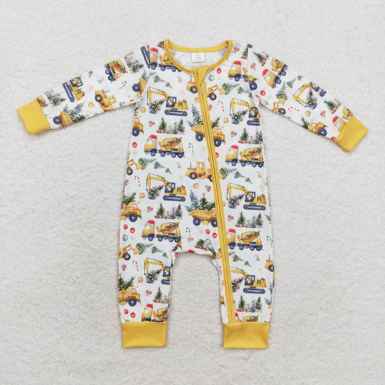 LR1332 Modal Christmas Tree engineering truck beige zipper long sleeve onesie