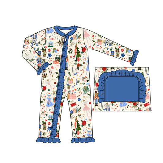 Preorder LR1333 NO MOQ Christmas Tree Nutcracker Blue lace beige zip-up long sleeve onesie